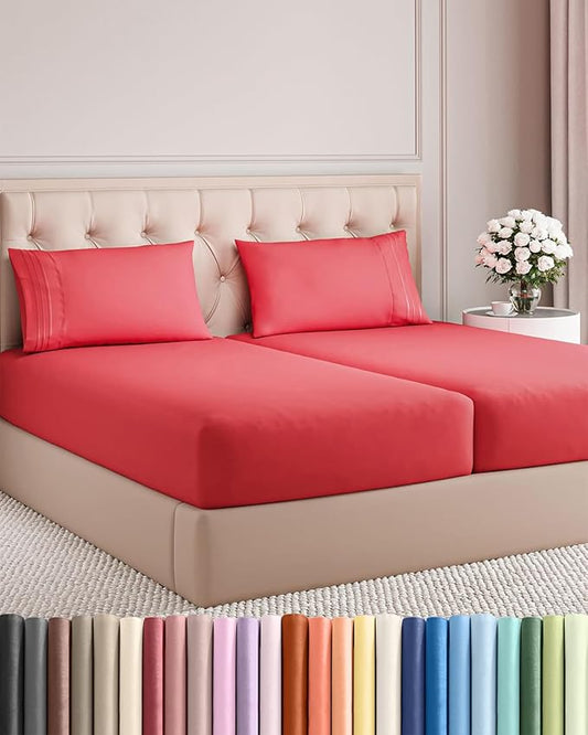Split King Size 5 Piece Sheet Set - Comfy Breathable & Cooling Bed Sheets Set - Hotel Luxury Bedding for Women, Men, Kids, Teens, Boys & Girls - Deep Pockets, Ultra-Soft, Wrinkle Free - Oeko-Tex - Red