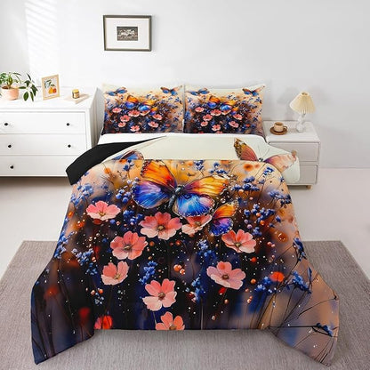Feelyou Butterfly Comforter Set Queen Size Butterflies Print Comforter for Boys Girls Teens Animal Bedding Set Butterfly Floral Duvet Set Room Decor Blue Purple Quilt Set