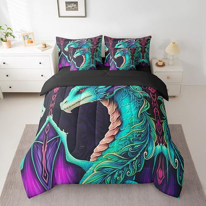 Erosebridal 3D Dragon Bed in a Bag King Size Comforter Set 7 Pieces,Vintage Gothic Gothic Green Dragon Bedding Sets Antique Wildlife Mythical Animal Sheet Set with Comforter