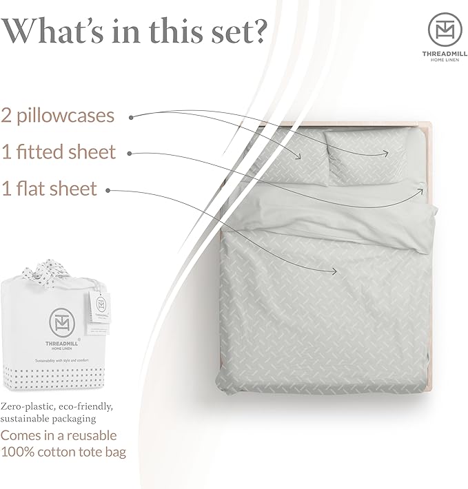 Threadmill Cotton Queen Sheet Set | 100% Cotton Sheets for Queen Size Bed | Damask Jacquard Queen Bed Sheets Set with 16” Deep Pocket | Soft Sateen Weave 4-Piece Cooling Bedding Set | Light Grey