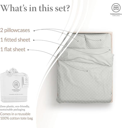 Threadmill Cotton Queen Sheet Set | 100% Cotton Sheets for Queen Size Bed | Damask Jacquard Queen Bed Sheets Set with 16” Deep Pocket | Soft Sateen Weave 4-Piece Cooling Bedding Set | Light Grey