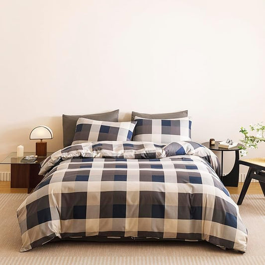 CLOTHKNOW Buffalo Plaid California King Comforter Set 3Pcs Tartan Bedding Comforter Sets Blue Grey Khaki Brown Beige Geometric Comforter Cal King Sets with 2 Pillowcases