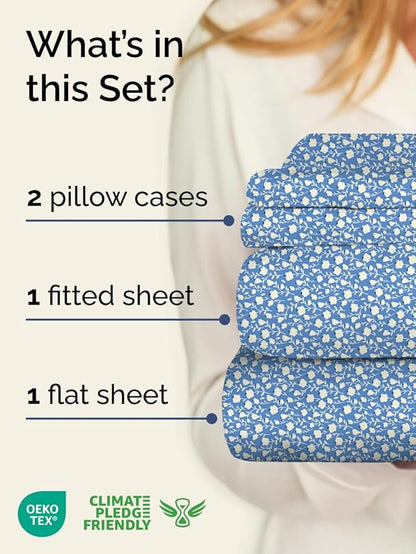 Floral Sheets - Blue & White Bed Sheet Set - 1 Flat, 1 Fitted & 2 Pillowcases w/ Deep Pockets - Comfy, Cozy, Wrinkle & Fade Free - Boho Botanical Bedding - Soft, Breathable & Cooling - King Size Set