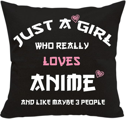 Anime Lover Gifts for Girls Two Sided Throw Pillow Cover - Just A Girl Who Really Loves Anime 18"x 18"(Black)