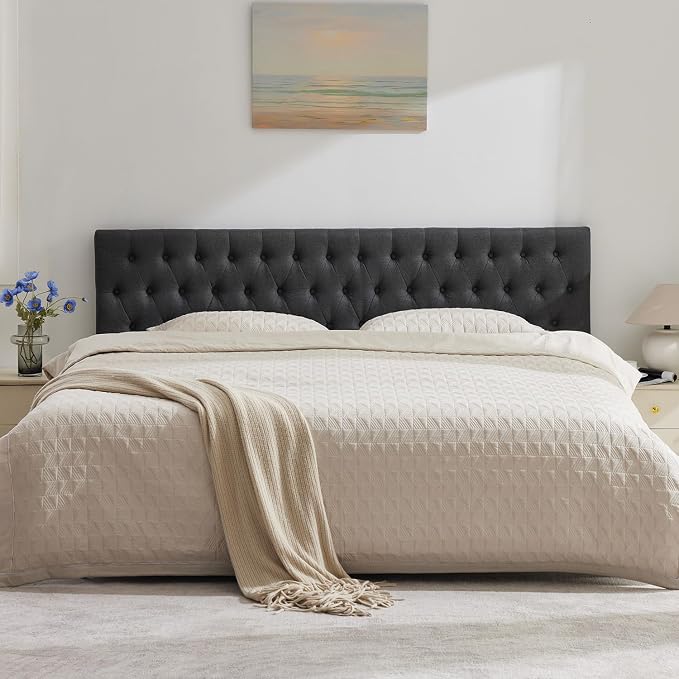 Tufted Upholstered King Size Bed Headboard in Modern Button Design, Adjustable Solid Wood Head Board, Premium Linen Fabric Padded Headboards in Bedroom (Dark Grey)