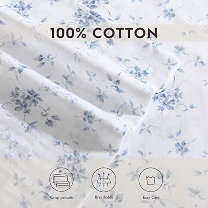Laura Ashley - Pillowcase Set, Smooth & Wrinkle-Resistant Cotton Sateen Bedding, 2 Piece Pillowcases (Garden Muse Blue, Standard)