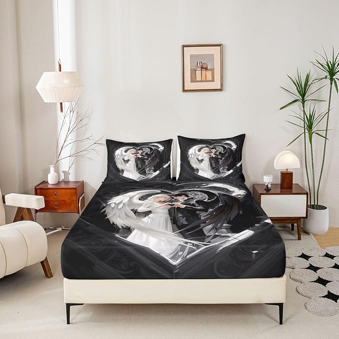 Erosebridal Angel Wings Sheets for Boys Girls Black and White Angel Fitted Sheet,Romance Love Kids Bedding Sets Princess Fairy Style Bed Sets Full 3 Piece