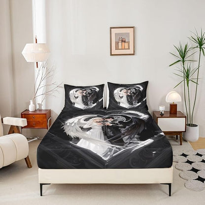 Erosebridal Angel Wings Sheets for Boys Girls Black and White Angel Fitted Sheet,Romance Love Kids Bedding Sets Princess Fairy Style Bed Sets Full 3 Piece