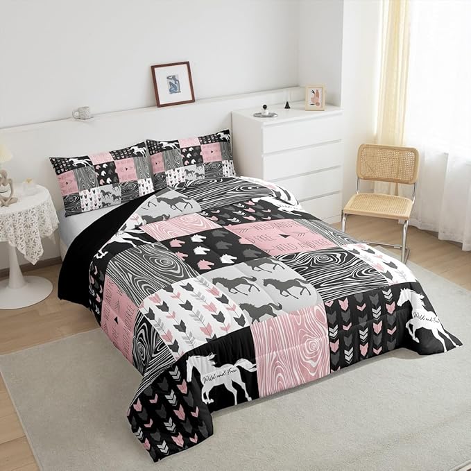 Girls Unicorn Comforter Full Girly White Horse Bedding Western Cowboy Cowgirls Quilt Patchwork Buffalo Plaid Duvet Insert Arrow Stripes Wild Animal Soft Down Comforter 3Pcs Bedroom Decor,Pink Black