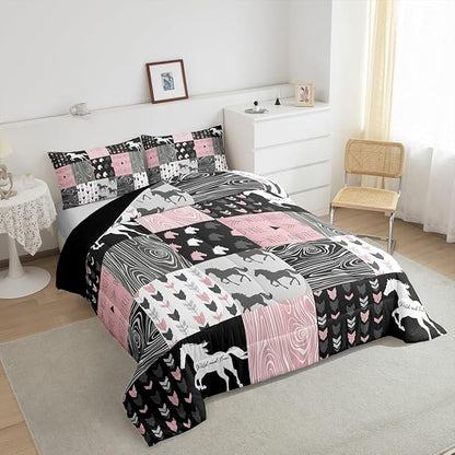 Girls Unicorn Comforter Queen Girly White Horse Bedding Western Cowboy Cowgirls Quilt Patchwork Buffalo Plaid Duvet Insert Arrow Stripes Wild Animal Soft Down Comforter 3Pcs Bedroom Decor,Pink Black