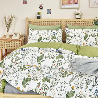 CLOTHKNOW Green White Floral King Size Comforter Set 3Pcs Farmhouse Bedding Sets Boho Flowers Botanical Comforters with 2 x Pillowcases