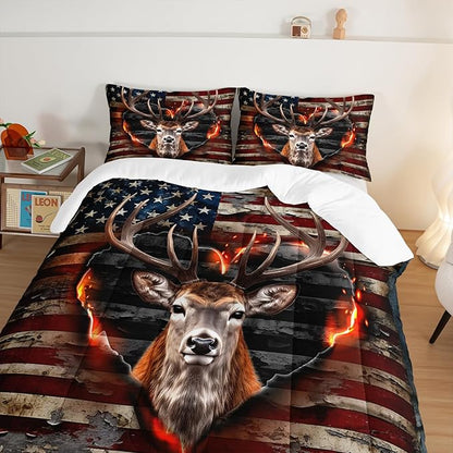 Deer Bedding Sets for Kids Boys Girls Room Decor,Hunting Themed American Flag Bedding Comforter Sets,Western Comforter Sets Camo Full Bedding Set with 2 Pillowcases.