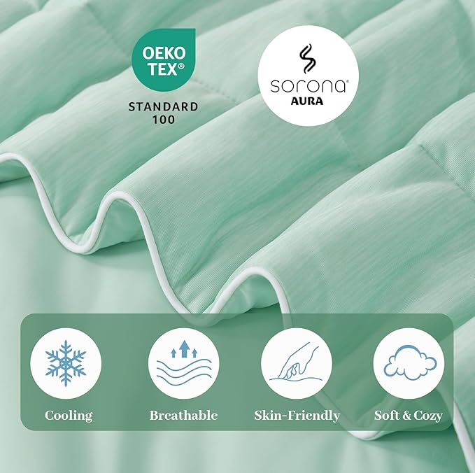 Amélie Home Cooling Comforter Queen Size, Dual-Sided Lightweight Cooling Blanket for Hot Sleepers, Q-Max 0.43 Breathable Cooling Quilt for Night Sweats, 90" x 90", Heather Mint Green