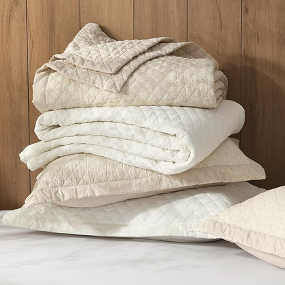 Grassix Linen Quilt Set King Size 3-Piece, 100% Linen Front & Cotton Back, Prewashed Diamond Stitch Bedspread with 2 Shams, Lightweight Breathable Quilt for Hot Sleepers, Modern Farmhouse Bedding