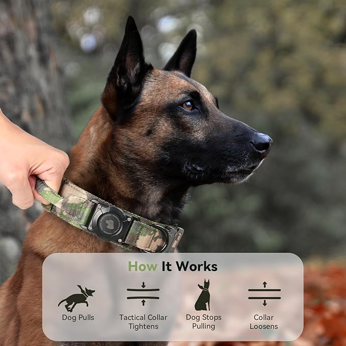 2026 Upgrade Waterproof Tactical AirTag Dog Collar, Built in AirTag Holder | Comfortable Control Handle, Quick Release Metal Buckle, Durable 1000D Nylon, For Medium to Large Dogs, Camouflage, XL