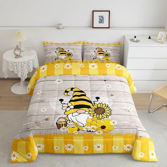 Erosebridal Bee Gnome Comforter Set Full, Sunflower Daisy Floral Bedding Set for Kids Boys Girls, Honeycomb Honey Can Duvet Set Home Room Decor, Yellow Farm Cartoon Soft Down Comforter 3 Pcs