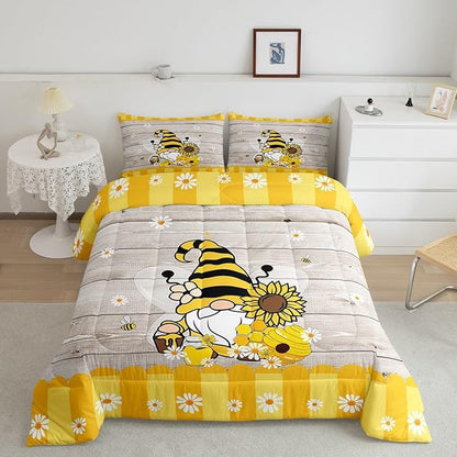 Erosebridal Bee Gnome Comforter Set Twin, Sunflower Daisy Floral Bedding Set for Kids Boys Girls, Honeycomb Honey Can Duvet Set Home Room Decor, Yellow Farm Cartoon Soft Down Comforter 2 Pcs