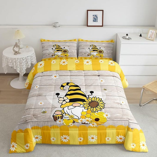 Erosebridal Bee Gnome Comforter Set Twin, Sunflower Daisy Floral Bedding Set for Kids Boys Girls, Honeycomb Honey Can Duvet Set Home Room Decor, Yellow Farm Cartoon Soft Down Comforter 2 Pcs