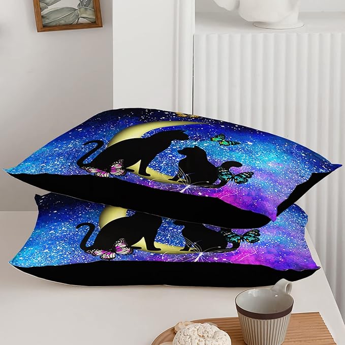 Black Cat Bedding Cartoon Cat Comforter Set Full,Butterflies Moon Printed Kids Bedding Set for Kids Boys Girls Adults Teens,Kids Comforter Set All Season,1 Quilt 2 Pillow Cases,Blue