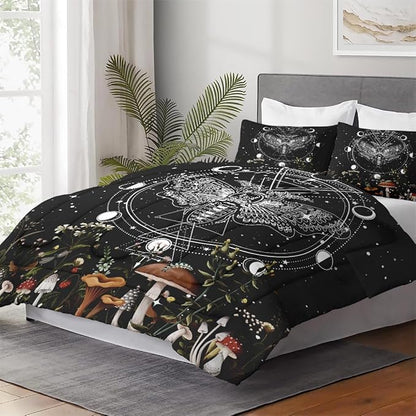 King Size Comforter Set with 2 Pillowcases, Moth Dead Moon 3 Pcs Bedding for Kids and Adults, Vintage Mushroom Wildflower Soft Comforter Set for Bedroom Bed Decor