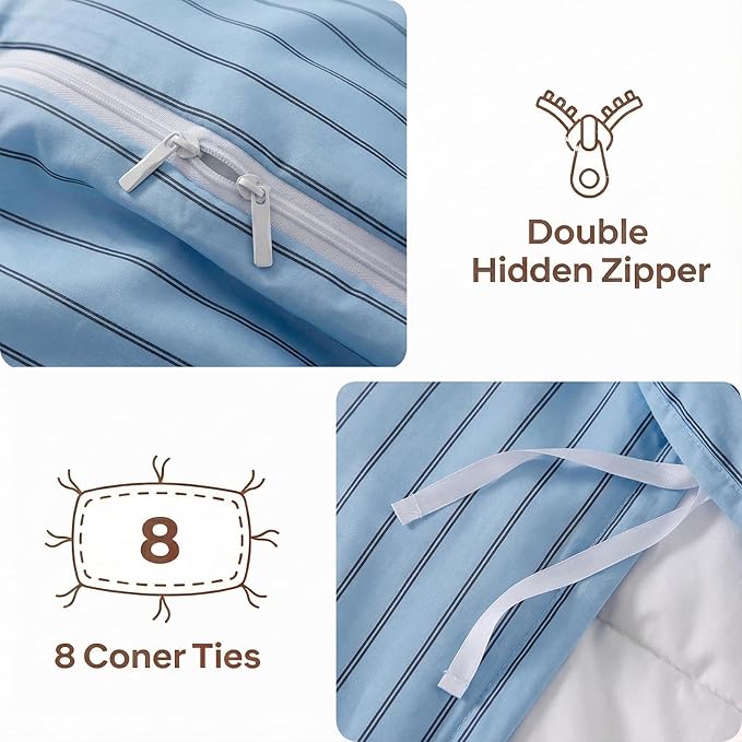 Bedbay Blue Striped Duvet Cover Set Queen Size, 100% Cotton Sateen Bedding Set, Soft Breathable Hotel-Inspired 3 Piece Duvet Cover for All Seasons