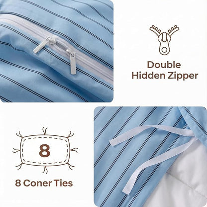 Bedbay Blue Striped Duvet Cover Set King Size, 100% Cotton Sateen Bedding Set, Soft Breathable Hotel-Inspired 3 Piece Duvet Cover for All Seasons