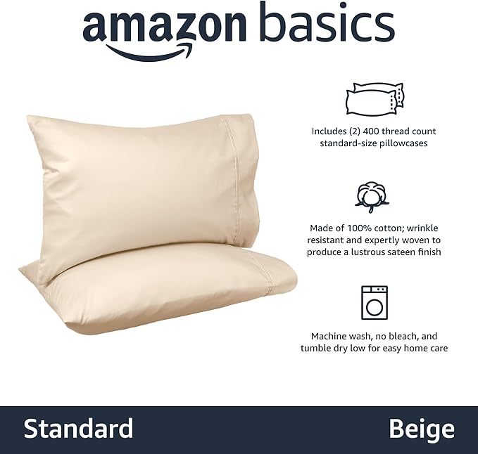 Amazon Basics 400 Thread Count Cotton Pillow Cases, Standard Size, 30" x 20", Beige, Set of 2, Pillows Not Included