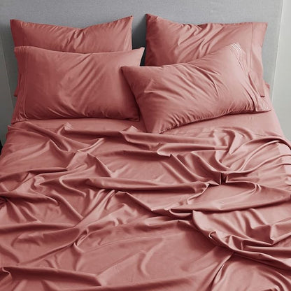 Clara Clark Flex Top King Sheets - Hotel Luxury 6 Piece Bed Sheets for Top Split King Bed - Soft Bedding Sheets & Pillowcases, Head Split King Size. Pink Clay