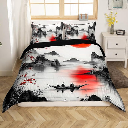 Feelyou Japanese Theme Bedding Set Toddle Size Cherry Blossom Duvet Cover for Adult Kids Boys Girls Watercolor Comforter Cover Set Natural Landscape Bedspread Cover 2Pcs Zipper