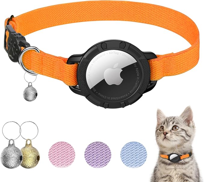 AirTag Cat Collars, Stretchy Collar with AirTag Holder and Bell | Breakaway - Ultra Design Elastic - GPS Tracking Collars - Adjustable Size for Cats & Puppies 7.5-12.5" - (Orange)