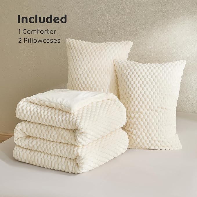 Petrichor Fluffy King Comforter Set - Ultra-Soft Cream White Flannel Thick Comforter for King Bed, Luxury Warm Bedding Set for Winter & Fall, Cozy Fuzzy Bed Set 3 Pieces (1 Comforter & 2 Pillowcases)