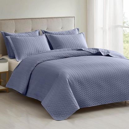 Maple&Stone Quilt Set Queen Size, Mineral Blue Lightweight Bedspread Ultrasonic Chevron Pattern Light Coverlet for All Season Comforter Bedding Decor - 3 Piece Queen Bed Cover Sets