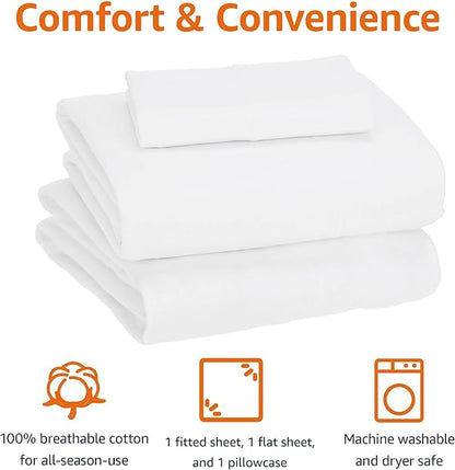 Amazon Basics 3 Piece Bed Sheets Set, 100% Cotton Jersey, Includes Super Soft, Flat and Fitted Sheets, Pillowcase, Toddler, White, Solid