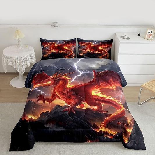 Castle Fairy Dragon Bedding Set for Boys Girls,Red Flame All Season Cozy Comforter Set Full Size,Cool Wild Animals Duvet Set Bedroom Decor,Personalized Birthday Gifts