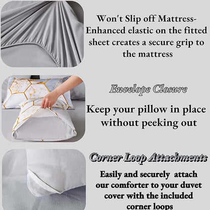 ANGIYUIN 7 Pcs White Marble Bedding Comforter Set California King, Hexagon Honeycomb with Gold Trims Comforter Set, Soft Lightweight Watercolor Bed in A Bag for Women Men