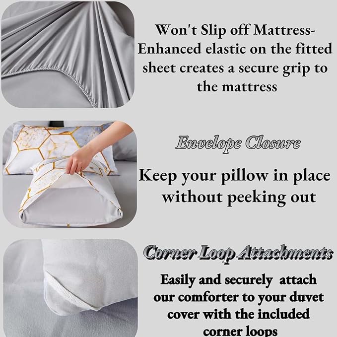 ANGIYUIN 7 Pieces White and Gold Comforter Set King, Geometric Bed Comforter Set Foil Print Bed Set with Sheets, Ultra Soft Lightweight Bed in A Bag for All Season (White King)