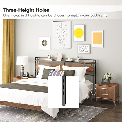 HOOBRO King Size Headboard, Headboard with 2 Outlets and 4 USB Ports, Adjustable Height, Storage Rack, Sturdy and Stable, Easy Assembly, Rustic Brown and Black