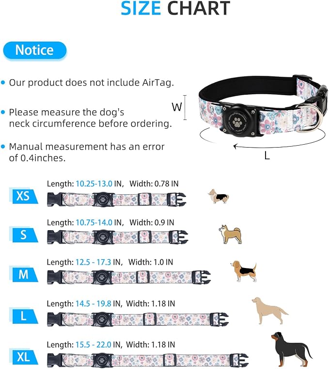 Upgrade Dog Collar with AirTag Holder, IP68 Waterproof, Boho Bloom, M | Built-in Water Resistant AirTag holder, 1000D Nylon, Reflective Stitching for Night Visibility, Soft padding for Comfort