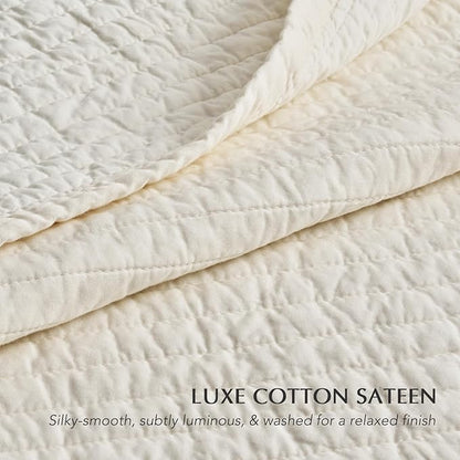 EVERGRACEHOME Cotton Sateen Quilt Set Queen Size, Pre-Washed Cotton Channel Stitch Coverlet Bedspread, 3 Pieces Lightweight Soft Bedding Sets for All Season, with 2 Pillow Shams, Cream