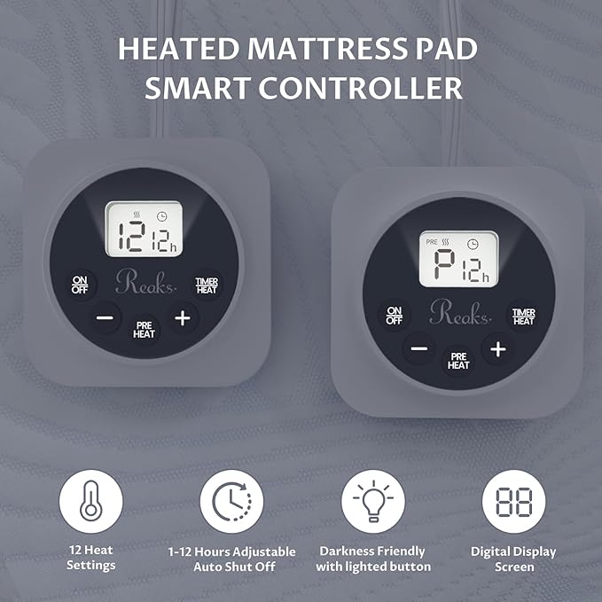 California King Size Electric Heated Mattress Pad - Bed Warmer with Memory & Preheat Functions, 12 Heat Settings Dual Control for 1-12 Hours Auto Off, Lighted Button