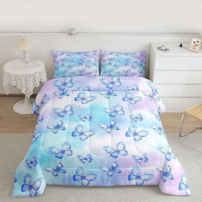 Erosebridal Pink Blue Butterfly Bedding Queen,Watercolor 3D Printed Comforter Set Purple Colorful Rainbow Bed Sets Fantasy Dreamy Princess Duvet Insert 3 Pieces