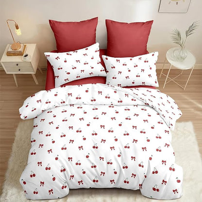 Nayoroom Red Cherry Duvet Cover Queen Size Cute Bow Duvet Cover 3 Pieces Soft Lightweight Microfiber Girls Aesthetic Dorm Bedding Set with Zipper Closure