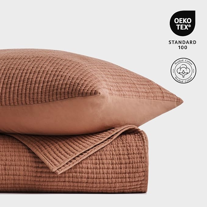 EVERGRACEHOME Cotton Coverlet Set King Size 3 Pieces, Lightweight Soft Ribbed Matelassé Bedspread Quilt Set, Cozy Oversized Quilted Bedding Set with 2 Pillow Shams for All Seasons, Clay
