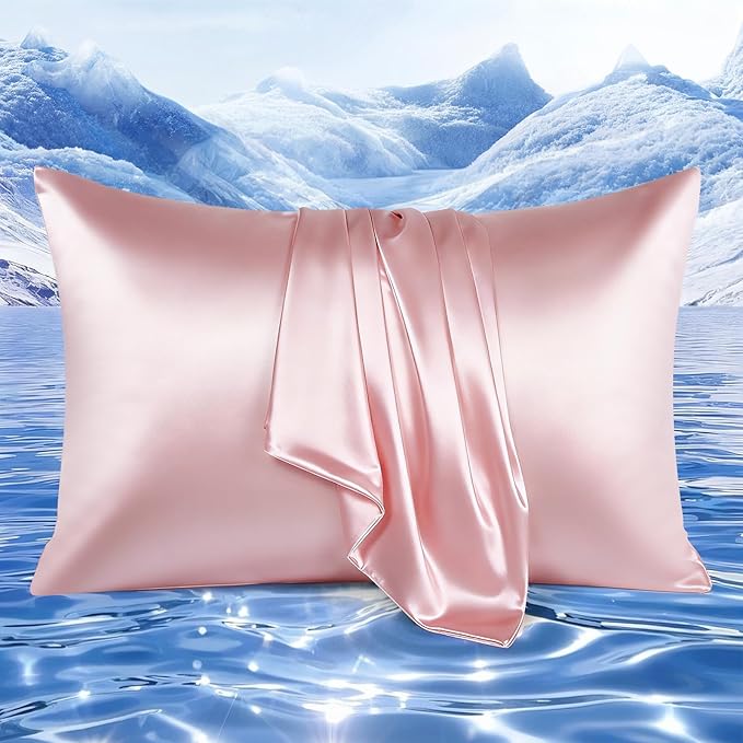 Elegear Cooling Pillow Cases for Hot Sleepers, Upgraded Arc-Chill Cooling Satin Pillowcases Q-max>0.5, Similar to Silk Pillow Cases for Hair & Skin, Luxury Zipper Pillowcase Cover Set of 2-Queen,Pink