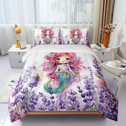 Lavender Mermaid Comforter Set for Teens Girls,Kawaii Violet 3 Pieces Bedding Set Twin,Lightweight Microfiber Violet Flowers Down Alternative Bed Set Comforter with 2 Pillowcase