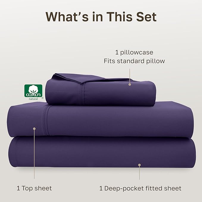 California Design Den Twin XL Sheet Sets - 400 Thread Count Sateen, 100% Cotton Sheets Set, Deep Pockets, and Durable Bedding for Dorm Rooms & Adults - Purple