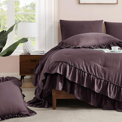 King Size Comforter Set Dark Purple, Ruffle Shabby Chic Bedding Set Farmhouse 7 Pieces, All Season Fluffy Bed in a Bag with Sheets, Pillowcases & Shams