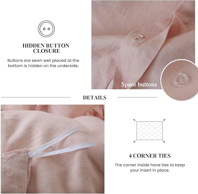 Simple&Opulence 100% Linen Duvet Cover Set, 3 PCS Natural French Flax Blush Pink Ruffle Duvet Cover Queen Size, Breathable Comfy Linen Bedding Comforter Cover with 2 Pillowcases(Blush Pink, 88" X 92")