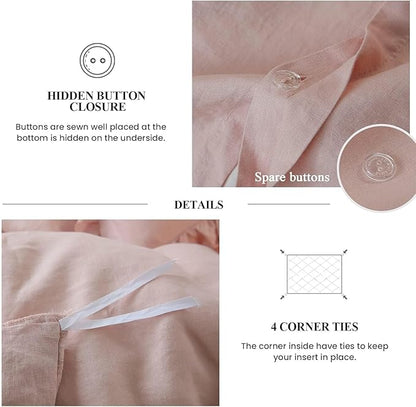 Simple&Opulence 100% Linen Duvet Cover Set, 3 PCS Natural French Flax Blush Pink Ruffle Duvet Cover King Size, Breathable Comfy Linen Bedding Comforter Cover with 2 Pillowcases(Blush Pink, 104" X 92")