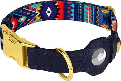 AirTag Dog Collar for Small Medium Large Breed - Adjustable Cute Pattern Dog Collar with Airtag Holder - Soft Leather Tracker GPS Apple Air Tag Pet Collars (Large, 17"-21" Neck Fit, Navajo)